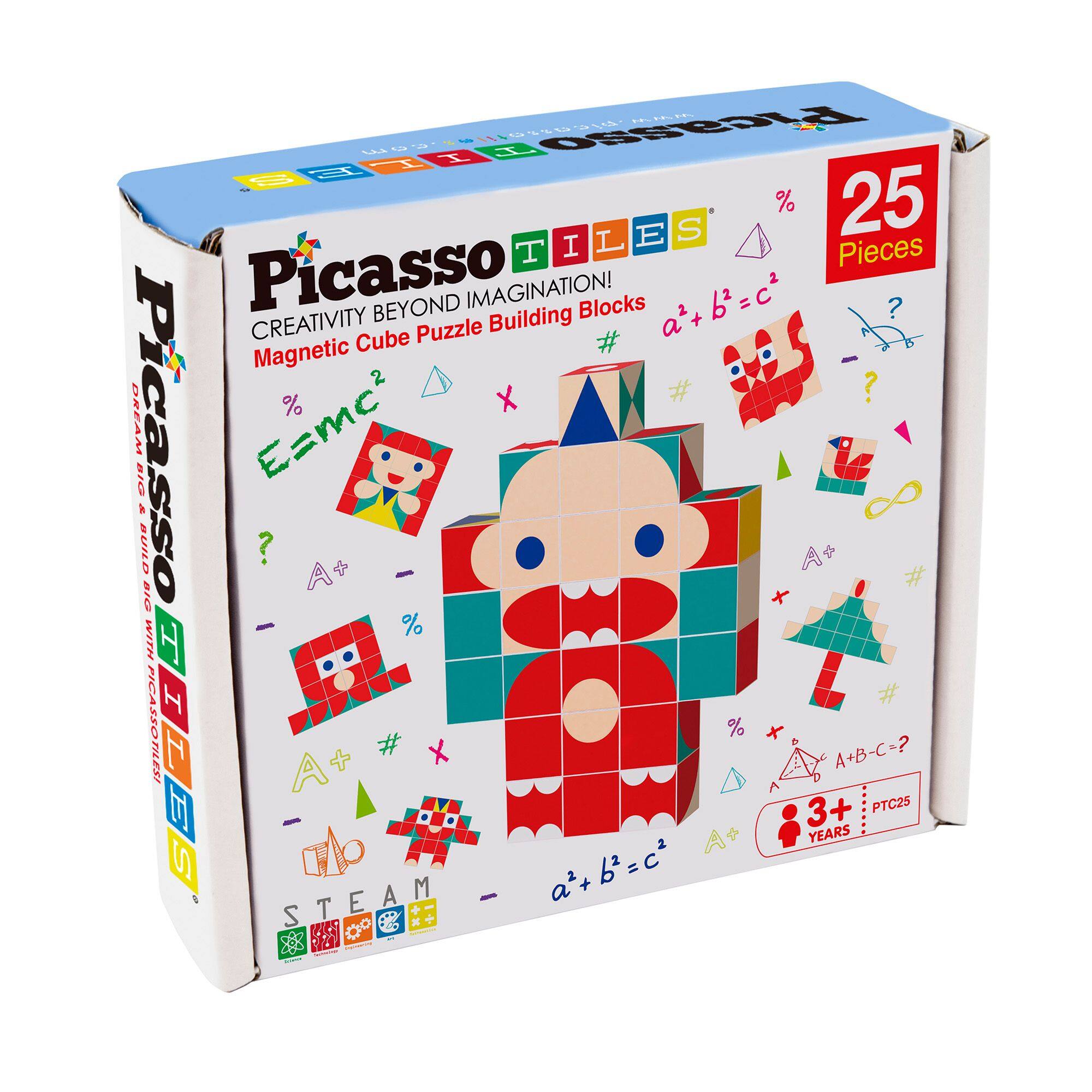 Picasso Tiles  
Creativity Beyond Imagination!  
Magnetic Cube Puzzle Building Blocks  

25 Pieces  

E=mc²  
a² + b² = c²  
A + B - C = ?  

3+ Years  
PTC25  

STEAM