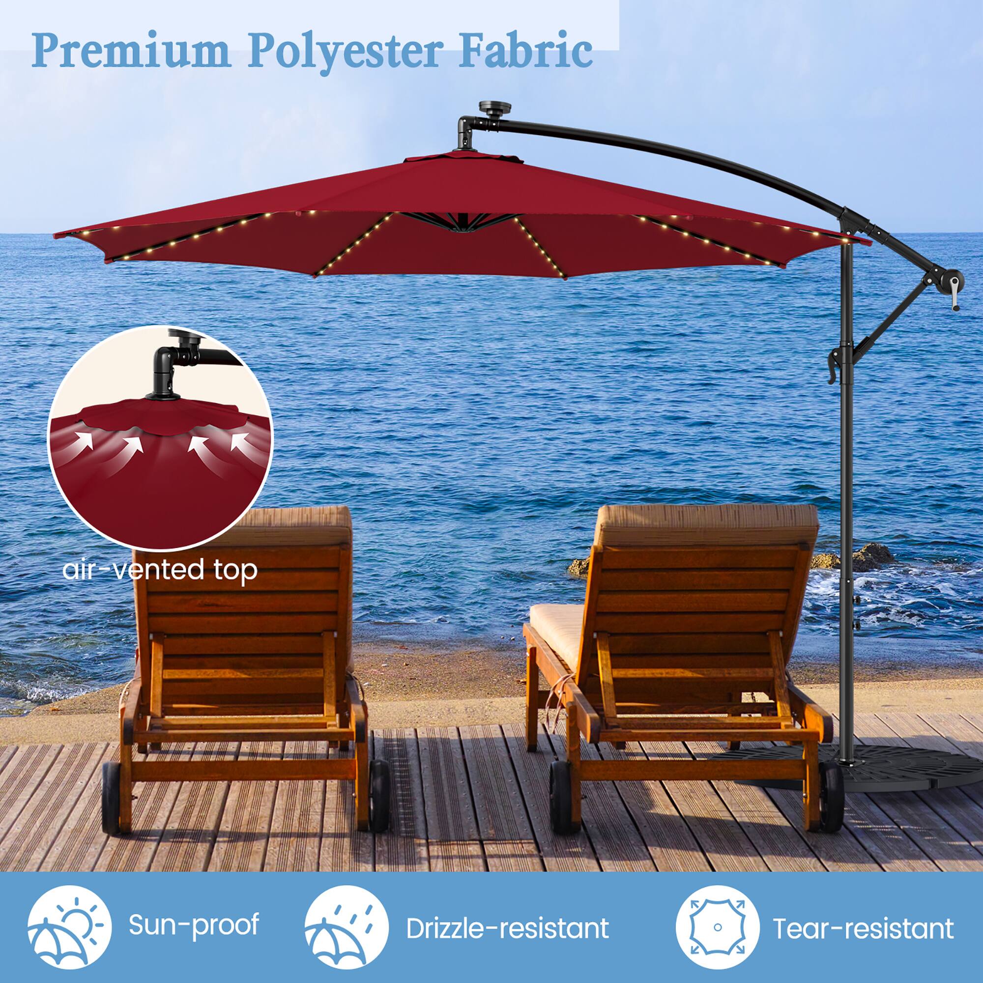 Premium Polyester Fabric, air vented top, Sun-proof, Drizzle-resistant, Tear-resistant