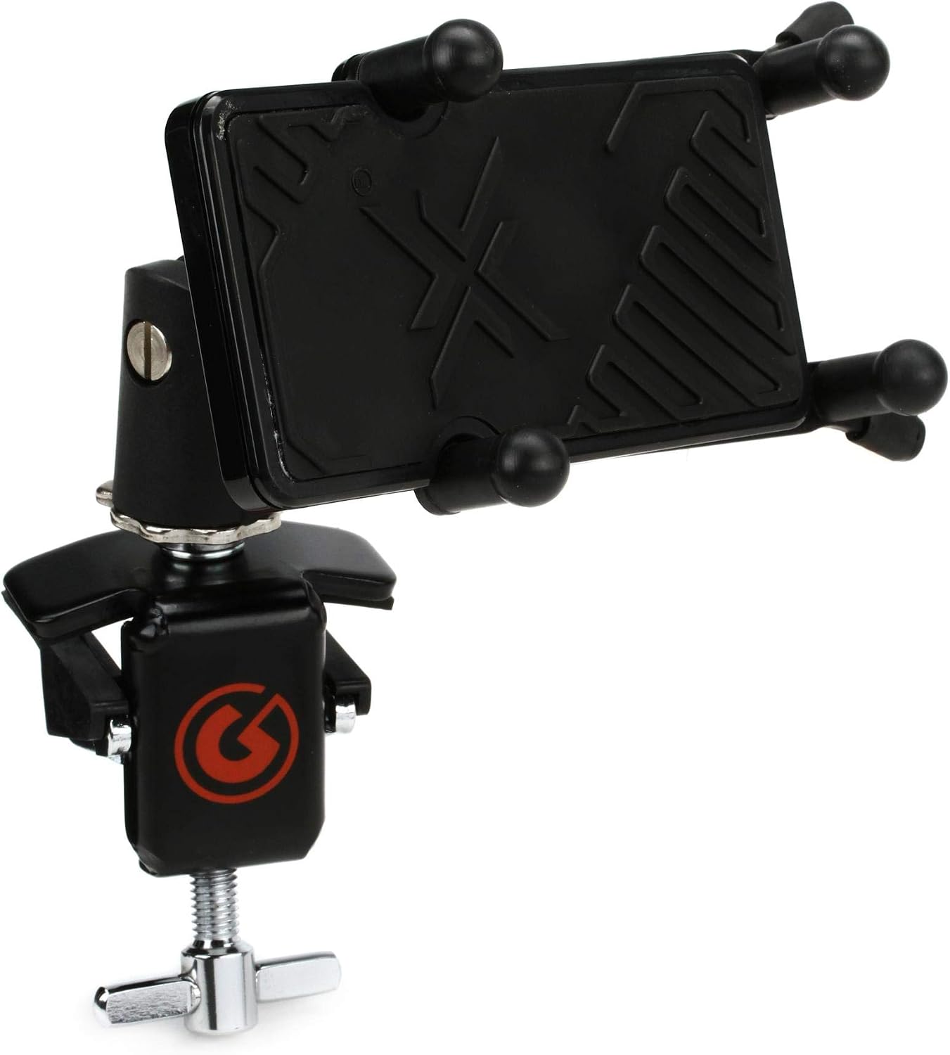 Front. Gibraltar Hardware - Bass Drum Smartphone Holder, Adjustable Scissor Clamp with Hoop Mount and Touchscreen Access for Music Practice - Black.