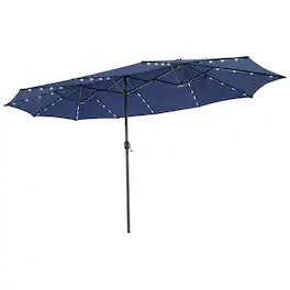 Costway - 15FT Twin Patio Double-Sided Umbrella 48 Solar LED Lights Crank Outdoor - Blue