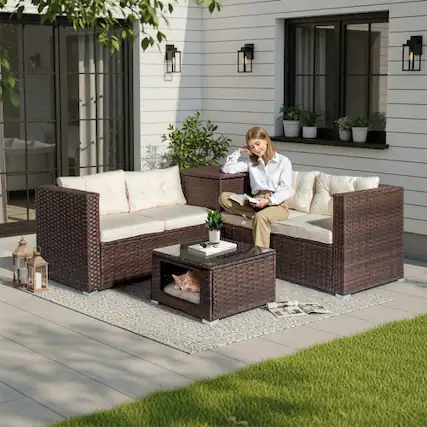 Front. Winado - 4PCS Patio Rattan Wicker Furniture Sets w/ Glass Top Coffee Table with Pet Ped, Hidden Storage In/Outdoor Garden Balcony - Brown & Beige Cushion.