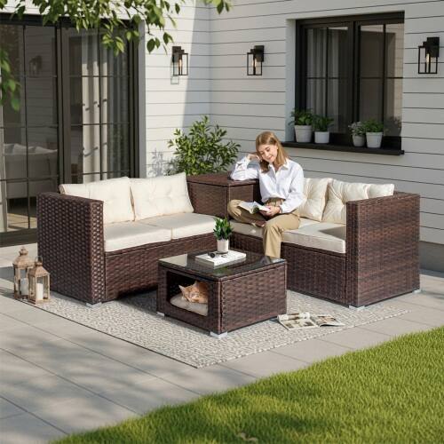 Front. Winado - 4PCS Patio Rattan Wicker Furniture Sets w/ Glass Top Coffee Table with Pet Ped, Hidden Storage In/Outdoor Garden Balcony - Brown & Beige Cushion.