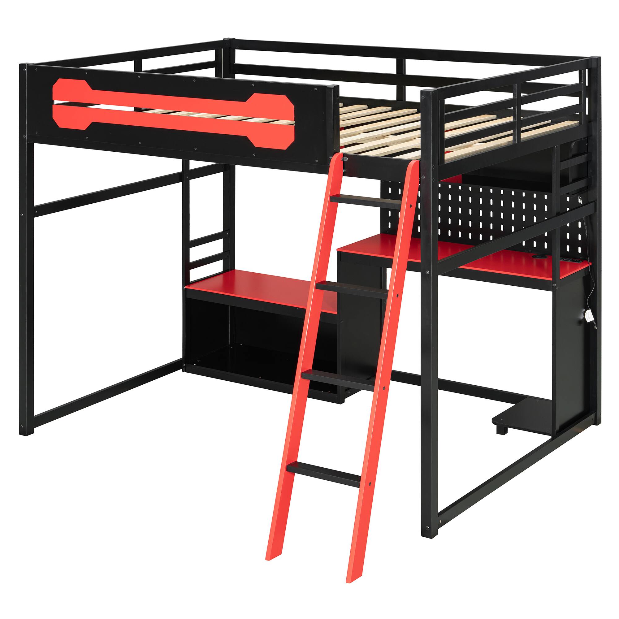 Alt View 2. Anysun - Full Size Wood Loft Bed with Desk - Includes Shelves, LED Lights, USB Ports and Pegboard - Red.