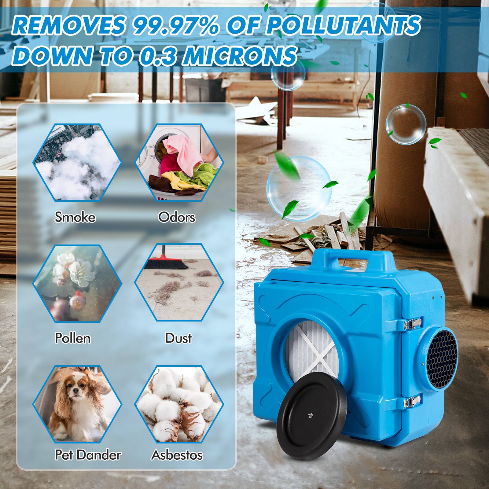 REMOVES 99.97% OF POLLUTANTS DOWN TO 0.3 MICRONS: Smoke, Odors, Pollen, Dust, Pet Dander, Asbestos