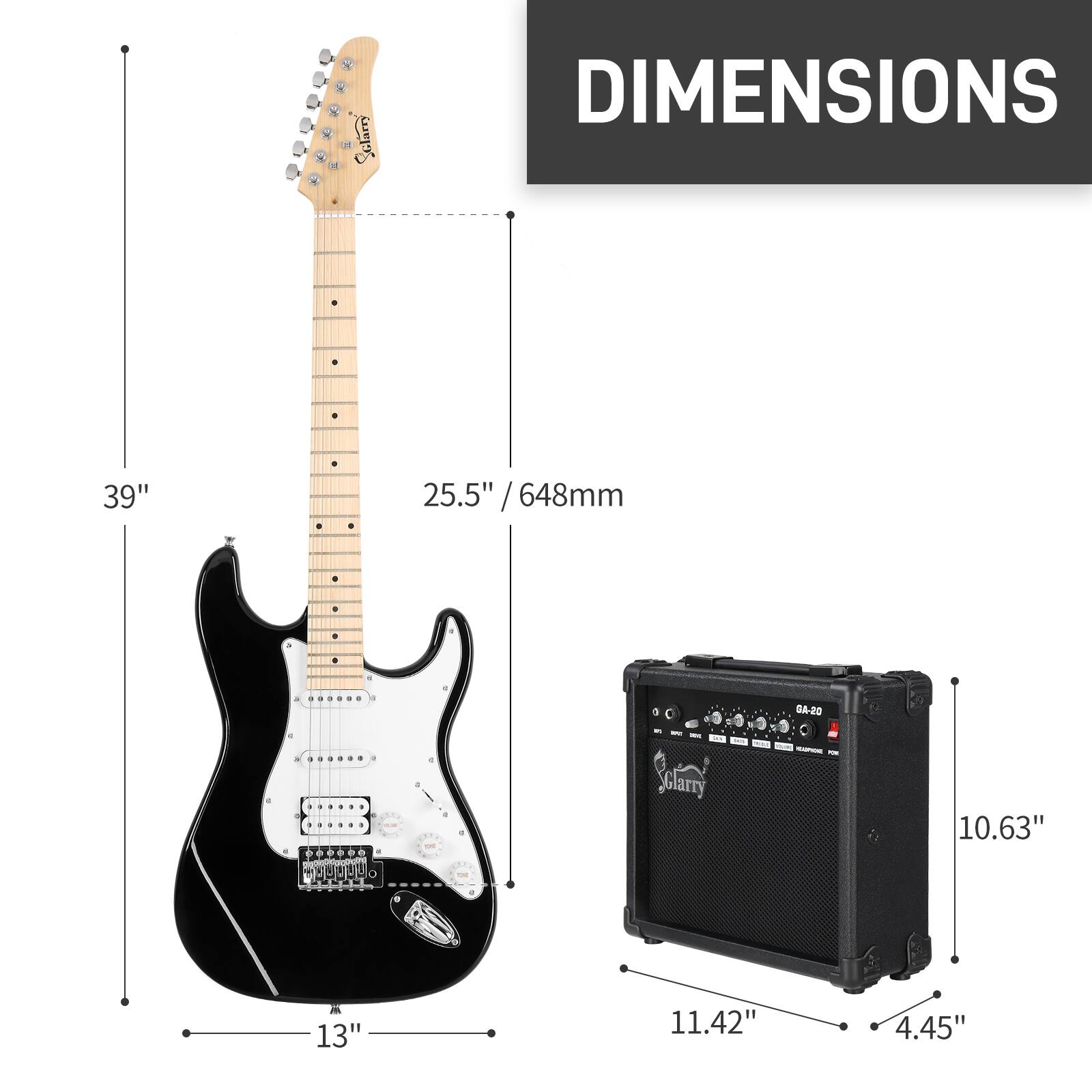 Sure, here is the corrected and grouped text from the image:

**Guitar Dimensions:**
- Length: 39"
- Body Width: 13"
- Neck Width: 25.5" / 648mm

**Amplifier Dimensions:**
- Height: 10.63"
- Width: 11.42"
- Depth: 4.45"