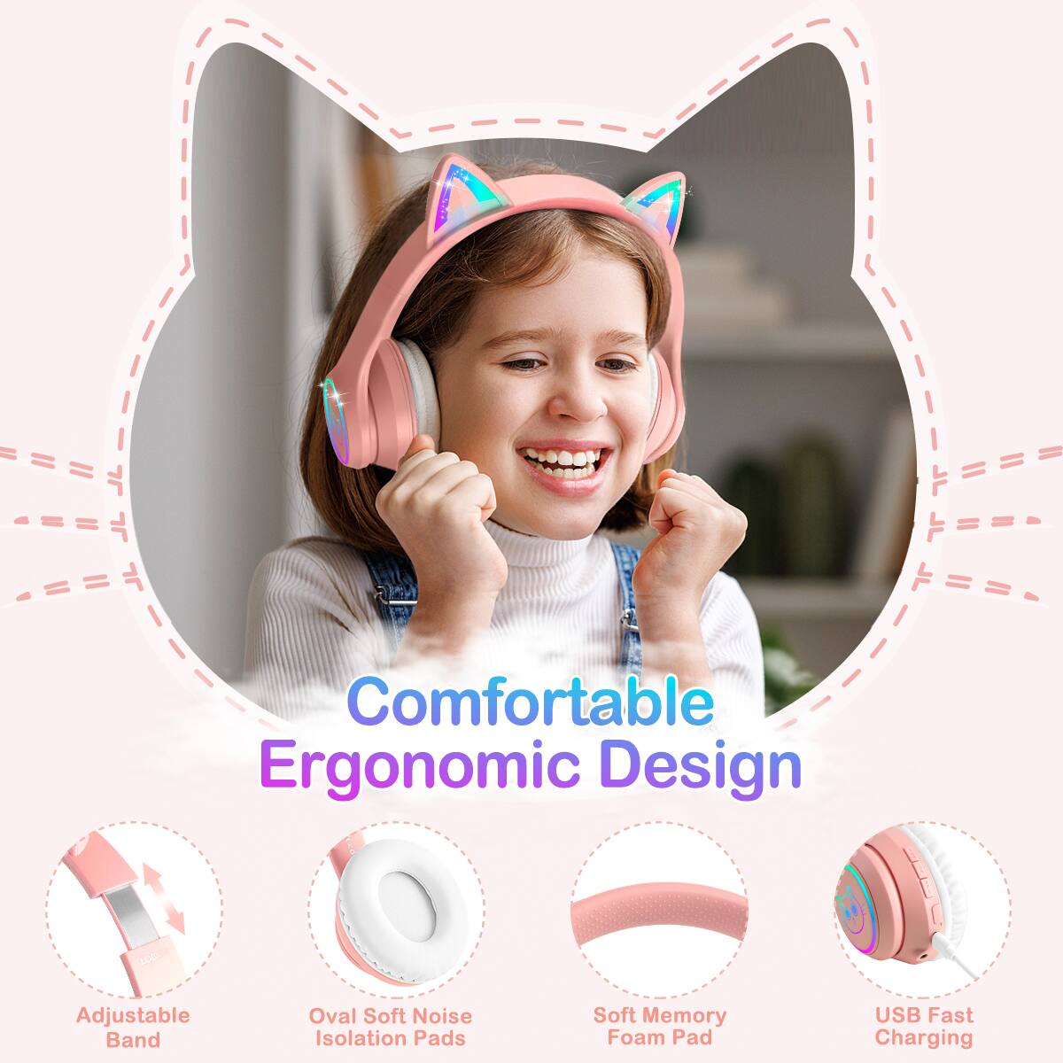 Comfortable Ergonomic Design  
ECOA Adjustable Band  
Oval Soft Noise Isolation Pads  
Soft Memory Foam Pad  
USB Fast Charging