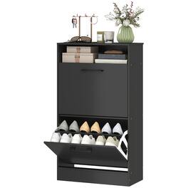 Homcom - Cabinet 2 Flip Drawers Adjustable Dividers Shoe Storage Cabinet Top Shelf Entryway - Black