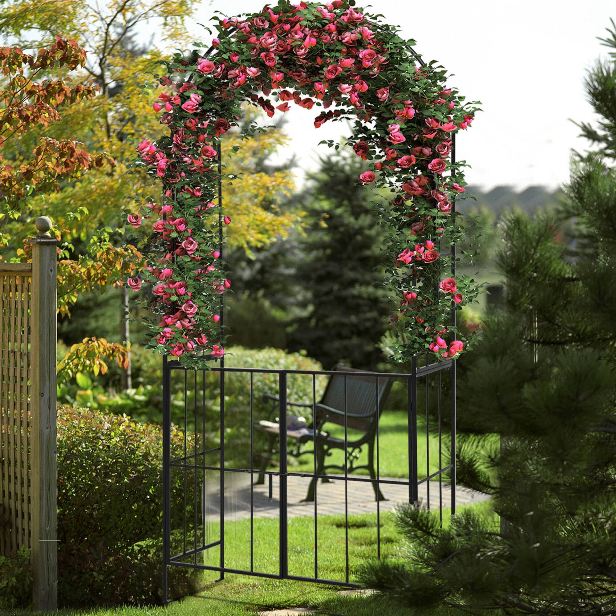 Alt View 4. Costway - Garden Arch Arbor Trellis with Gate 7.5 ft Patio Archway Pergola for Wedding - Black.