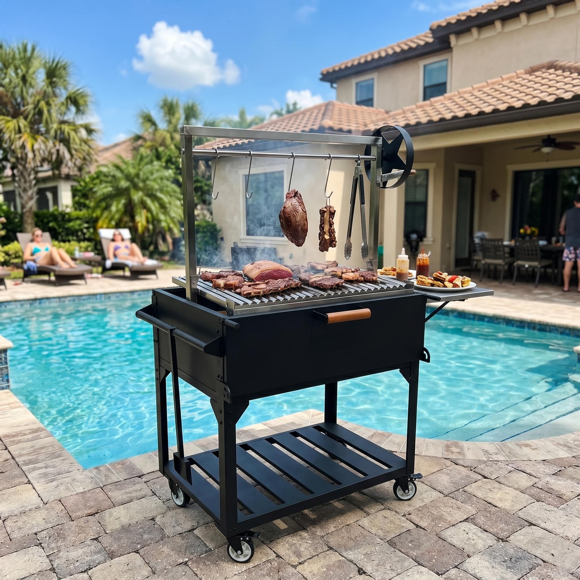 Famapy - Heavy-Duty Argentine Santa Maria BBQ Grill, Adjustable Wood/Charcoal Cart with Firebricks & 304 Steel Grate for Patio - Black