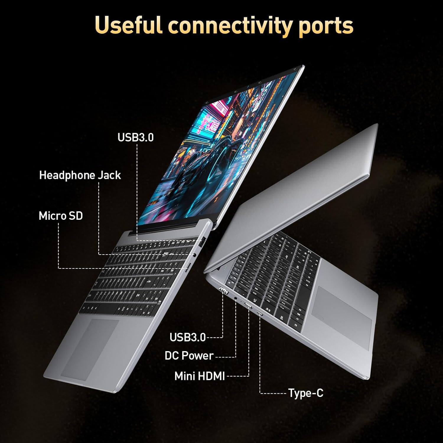 Useful connectivity ports

- USB3.0
- Headphone Jack
- Micro SD
- USB3.0
- DC Power
- Mini HDMI
- Type-C
