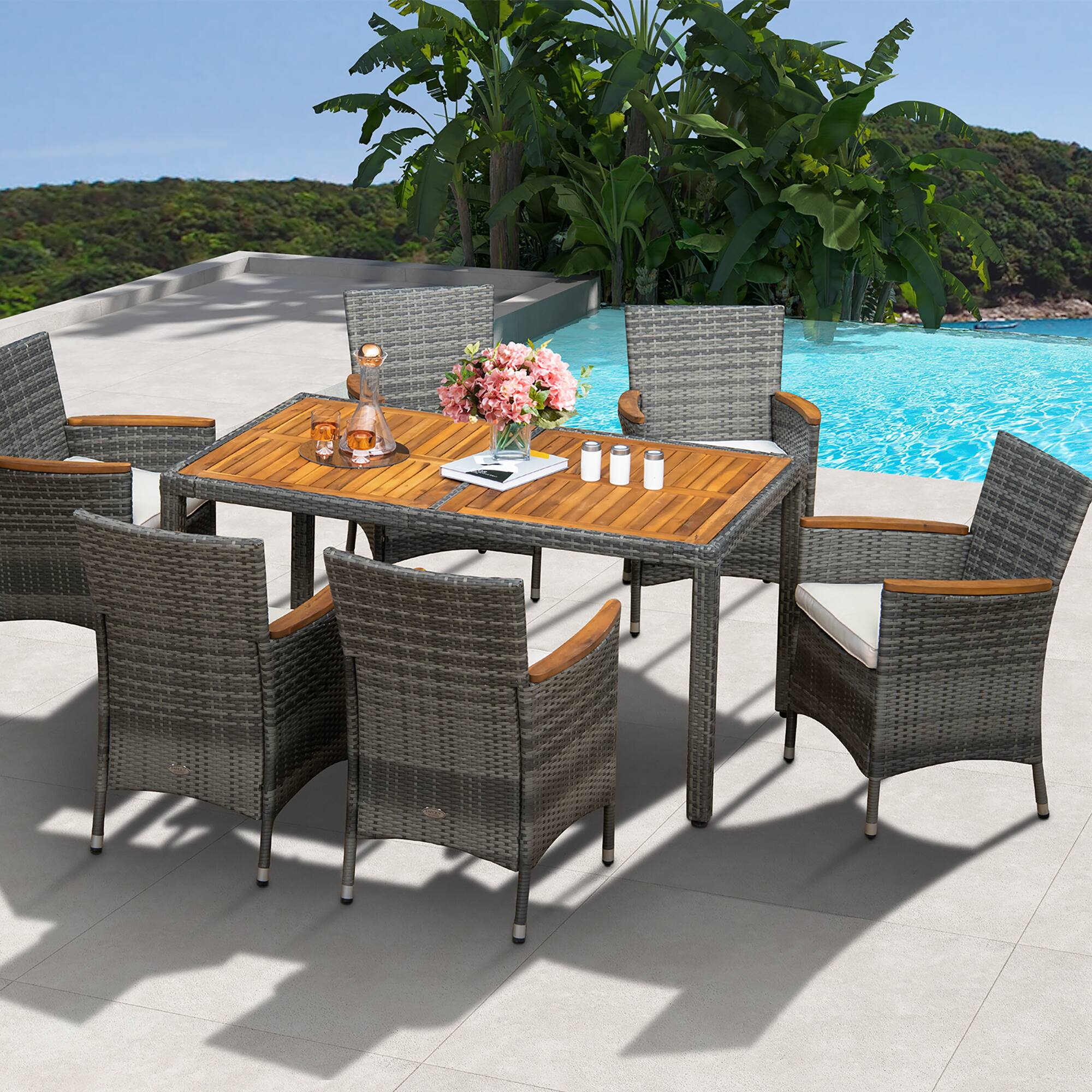 Gymax - 7PCS Outdoor Dining Set Patio Acacia Wood and Rattan Furniture Set w/ Cushions - Gray, Natural