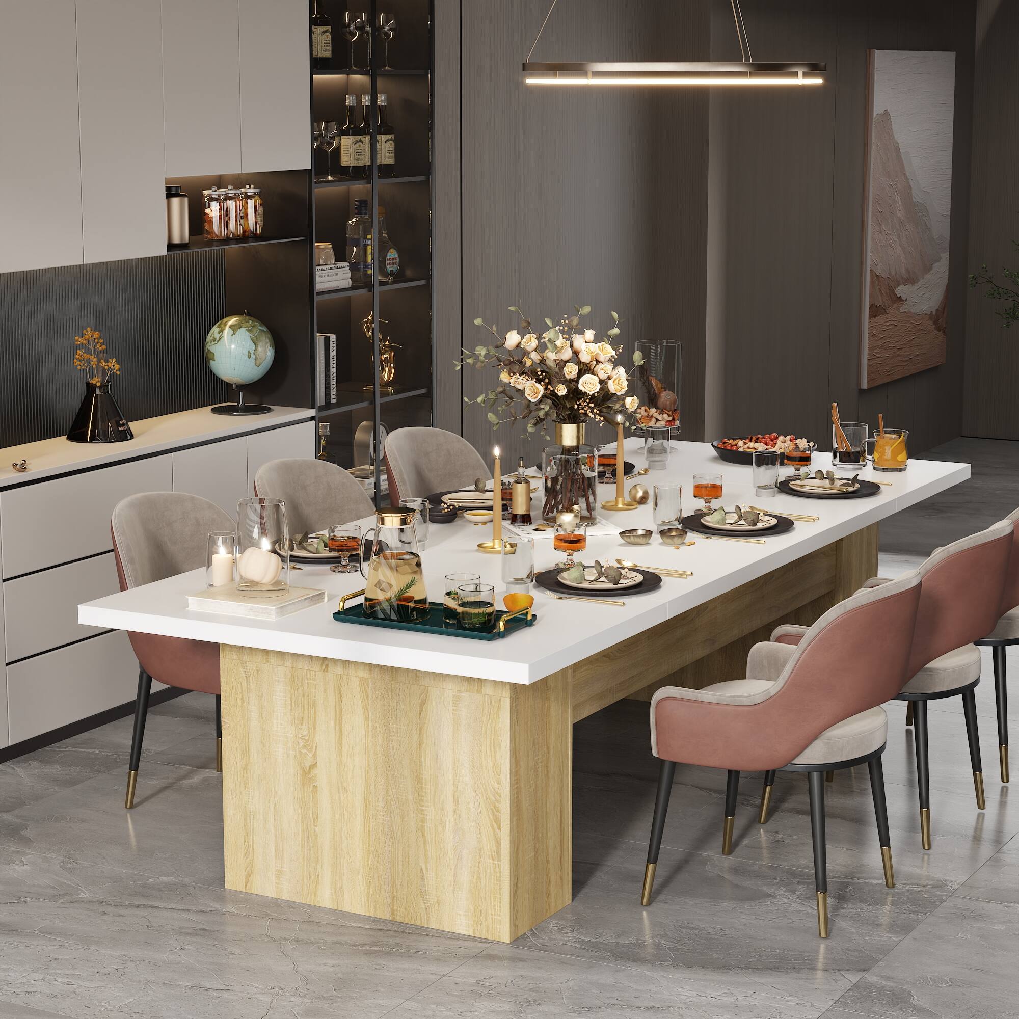 Angle. FUFU & GAGA - Extra Large Dining Table for 8-10 People, Modern Rectangular Table with Sturdy Top, Ideal for Family Gatherings - White & Wooden.