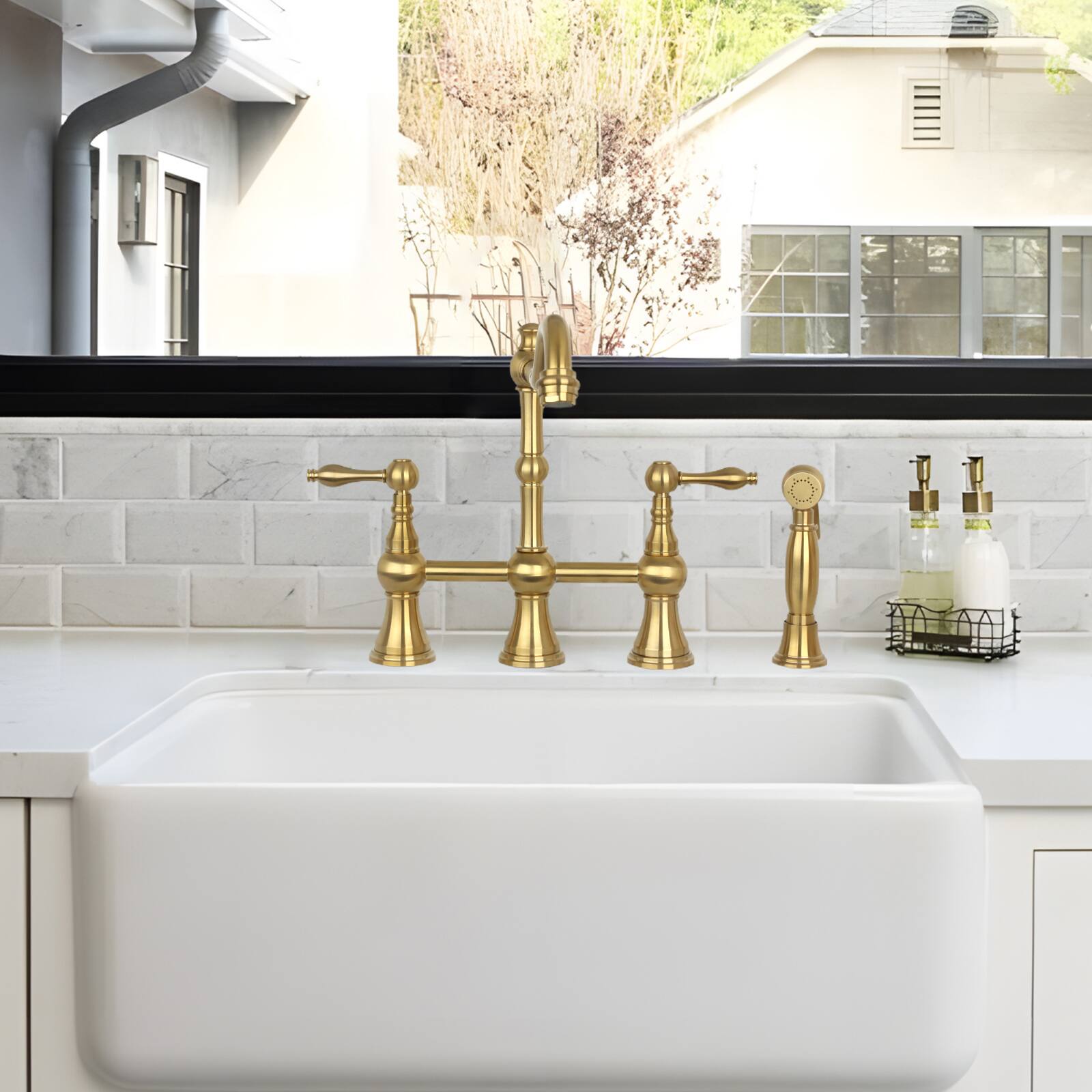 Alt View 6. Akicon - Akicon Solid Brass Bridge Kitchen Faucets with Side Sprayer 2 Lever Handles in Brushed Gold - Brushed Gold.