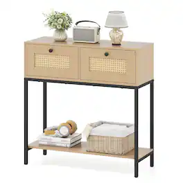 Costway - Rattan Console Table with 2 Rattan Drawers & Open Storage Shelf Metal Legs - Oak