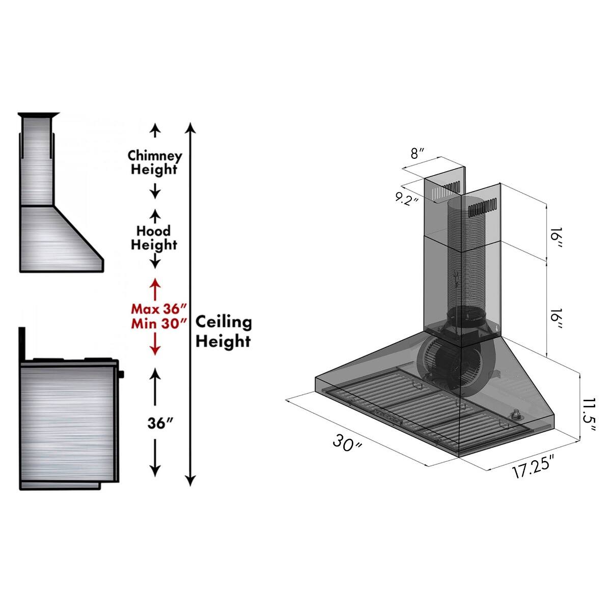Chimney Height: 8"  
Hood Height: 9.2"  
Max Ceiling Height: 36"  
Min Ceiling Height: 30"  
Overall Height: 16"  
Width: 17.25"  
Depth: 11.5"