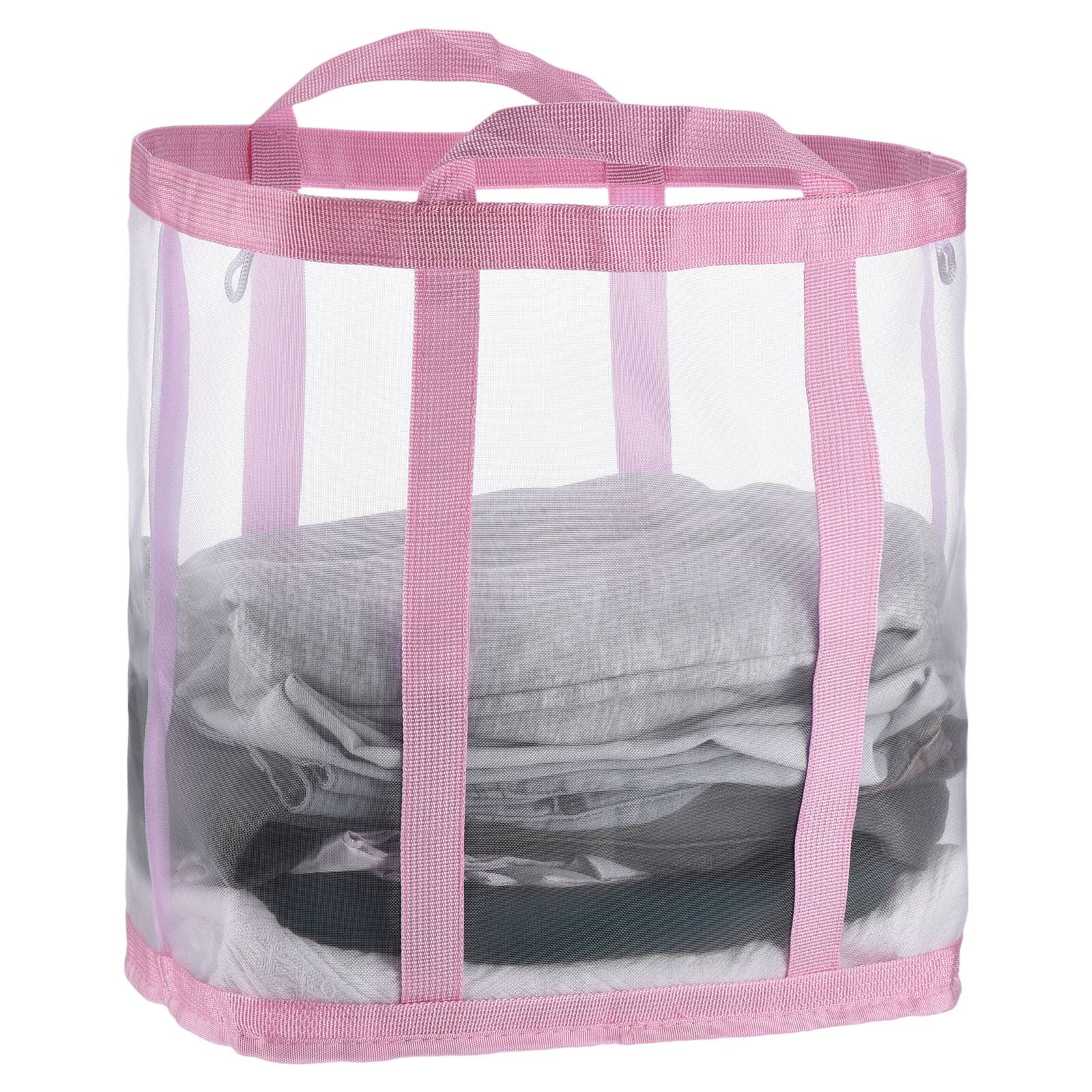 Front. Unique Bargains - Collapsible Laundry Basket, Mesh Hamper with Handles, Foldable Bag, Breathable for Washing, Bathroom, Dorm, Large - Pink.