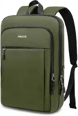 mosiso - Laptop Backpack for Men, 15.6 inch Slim Lightweight Computer Bag, Waterproof Work & Travel Daypack with Luggage Strap - Army Green