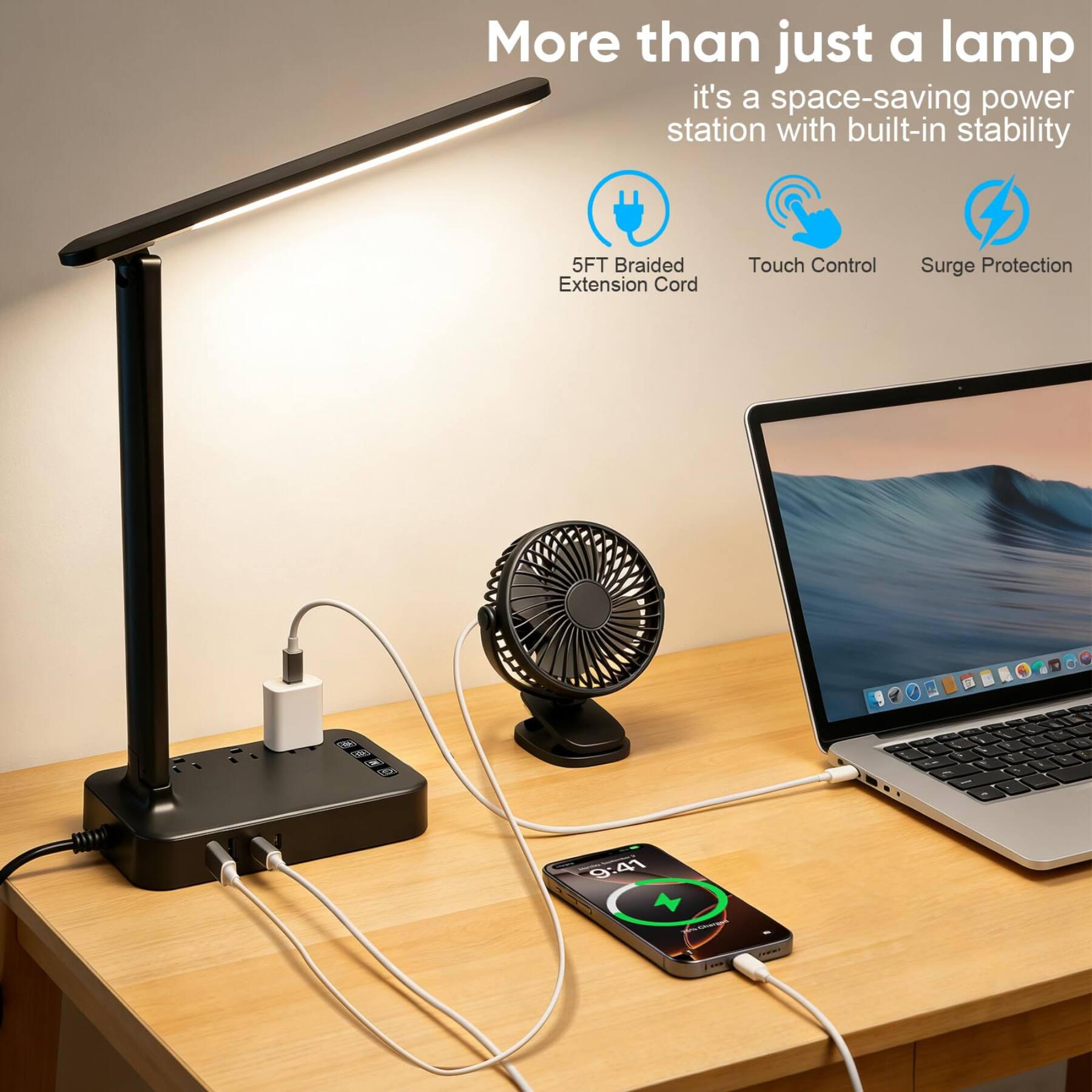 More than just a lamp, it's a space-saving power station with built-in stability

5FT Braided Extension Cord
Touch Control
Surge Protection