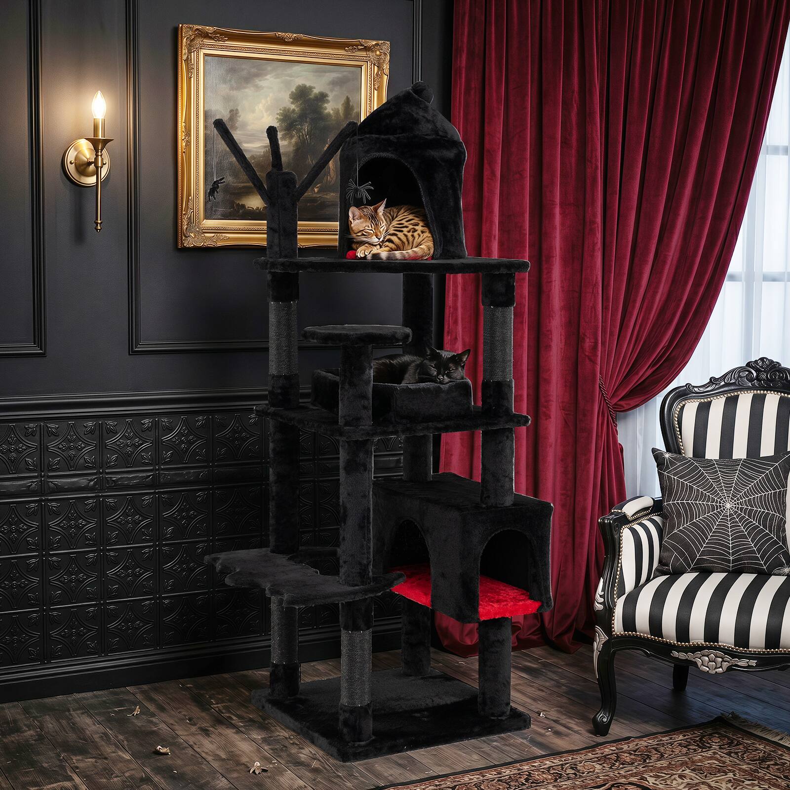 Alt View 3. Gymax - Gymax Gothic Cat Tree 70'' Cat Tower w Castle House Coffin Bed Spider Hanging Balls Black & Red - Black.