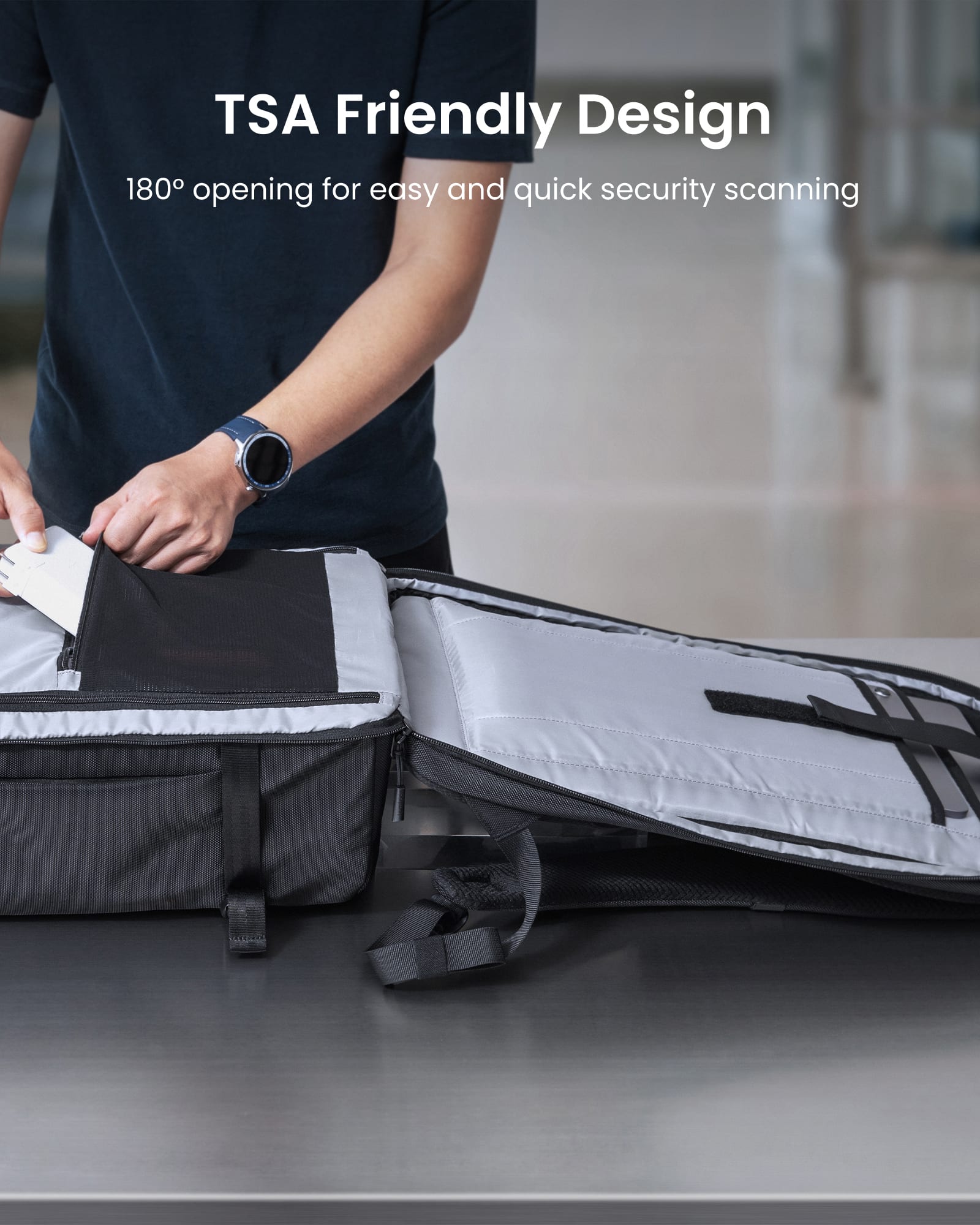 TSA Friendly Design: 180 openings for easy and quick security scanning.