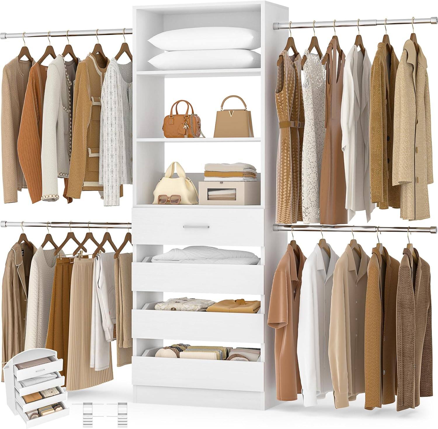 Aheaplus - 4-9FT Adjustable Wooden Closet Organizer, 4 Drawers & 4 Hanging Rods, Heavy Duty Walk-in Wardrobe System - White price history on PriceWatchPro