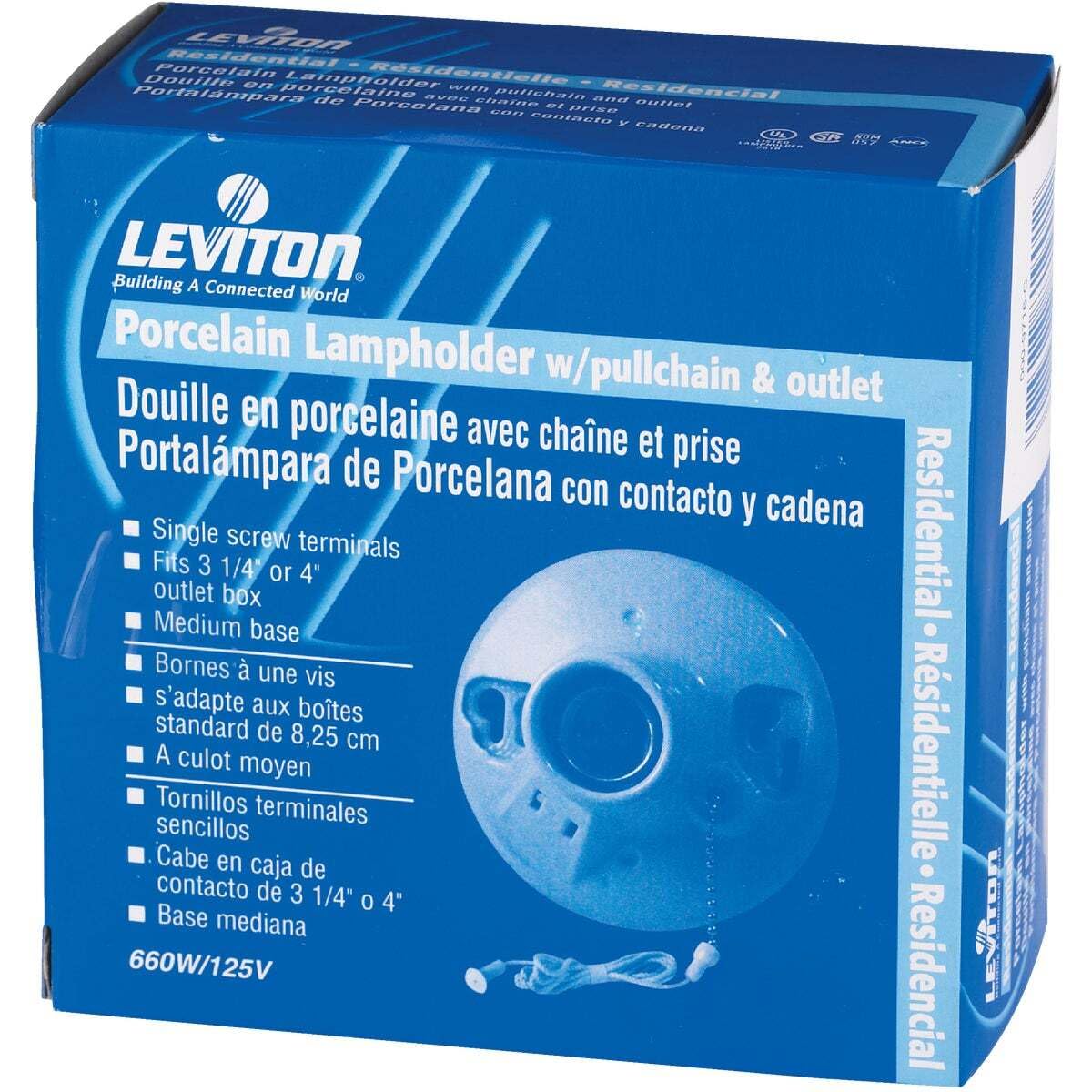 LEVITON  
Building A Connected World  

Porcelain Lampholder w/pullchain & outlet  
Douille en porcelaine avec chaine et prise  
Portalámpara de Porcelana con contacto y cadena  

- Single screw terminals  
- Fits 3 1/4 or 4" outlet box  
- Medium base  
- Bornes à une vis  
- s'adapte aux boîtes standard de 8,25 cm  
- A culot moyen  
- Tornillos terminales sencillos  
- Cabe en caja de contacto de 3 1/4" o 4"  
- Base mediana  

660W/125V