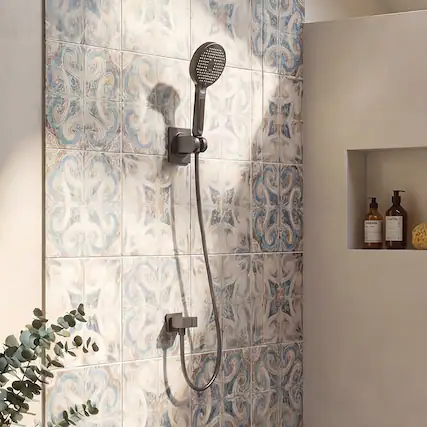 Front. Famapy - Gray Digital Shower Head - Handheld with Temperature Display & 4 Spray Modes, 59" Hose, Modern Bathroom Fixture - Gray.