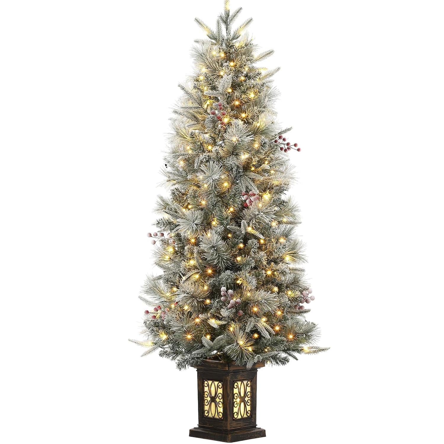 Front. Qeetex - 4.5ft Christmas Xmas Tree 200 LED Lights Prelit Snow Flocked Christmas with Potted lightbox Base 4 Red Berries - green.