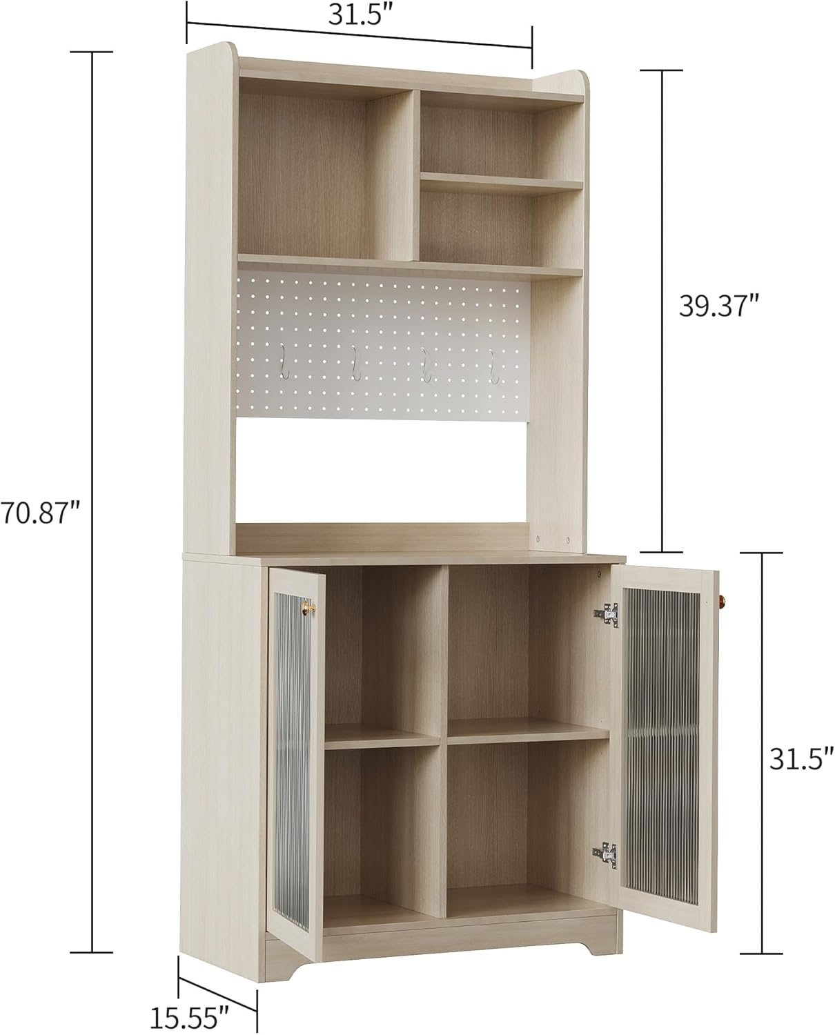 - Height: 70.87"
- Width: 39.37"
- Depth: 15.55"
- Shelf Height: 31.5"
- Cabinet Height: 31.5"