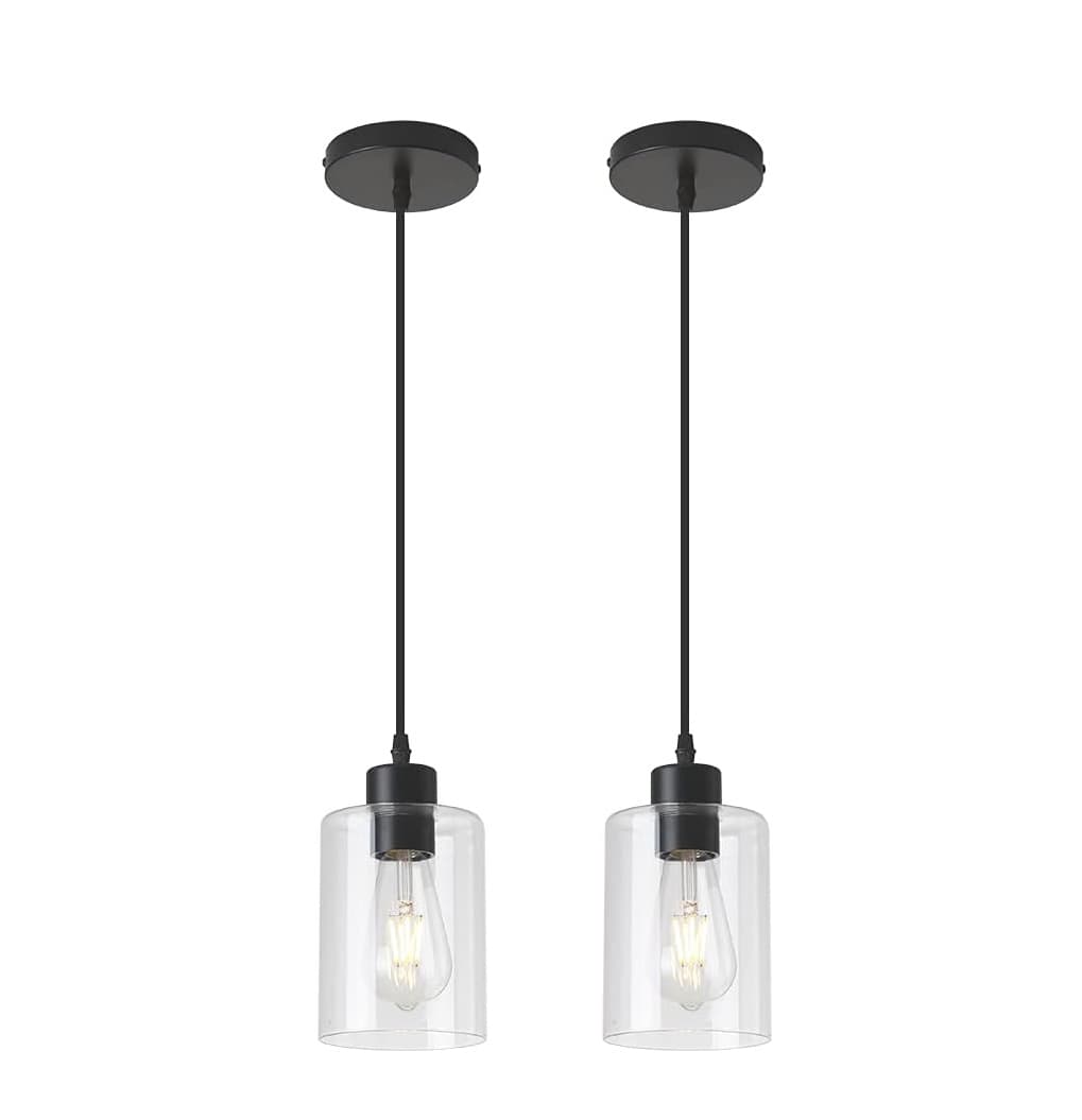 FINEAK - Modern Farmhouse Clear Glass Cylinder Pendant Lights - 2 Pack, 4.75" Shade, 58" Cord - Black