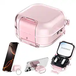 Dteck - Earphone Case for Galaxy Buds 4/4 Pro (2026) with Secure Lock,Clear Earbud Cover with Integrated Phone Stand & Carabiner - Pink