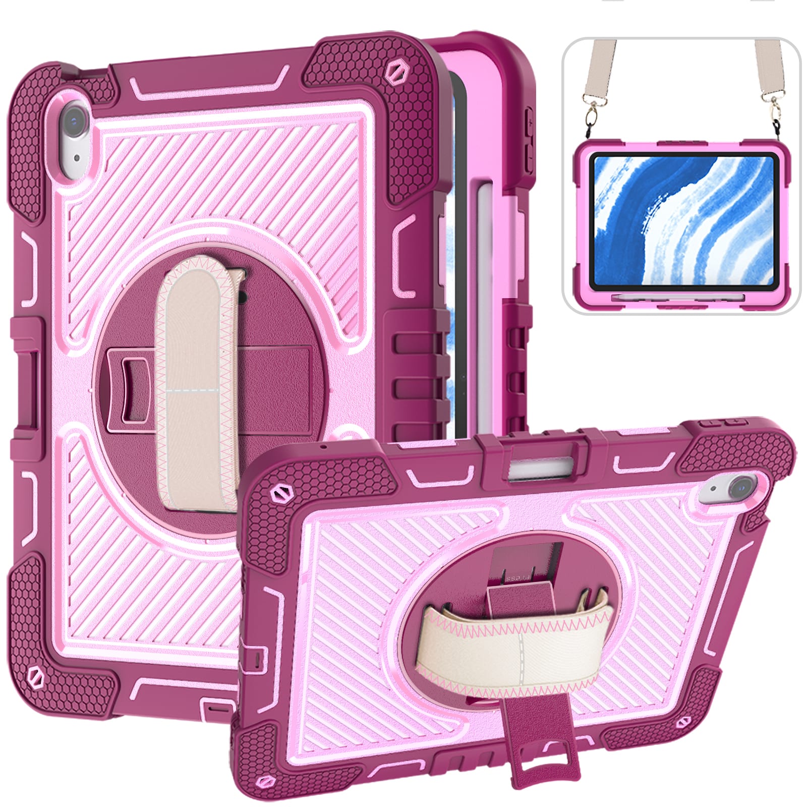Dteck - For Apple iPad (A16) 11" 2025/10th 2022 Three-Layer Hybrid Kickstand Pencil Holder Hand/Shoulder Strap Shockproof Case - Rose+Pink