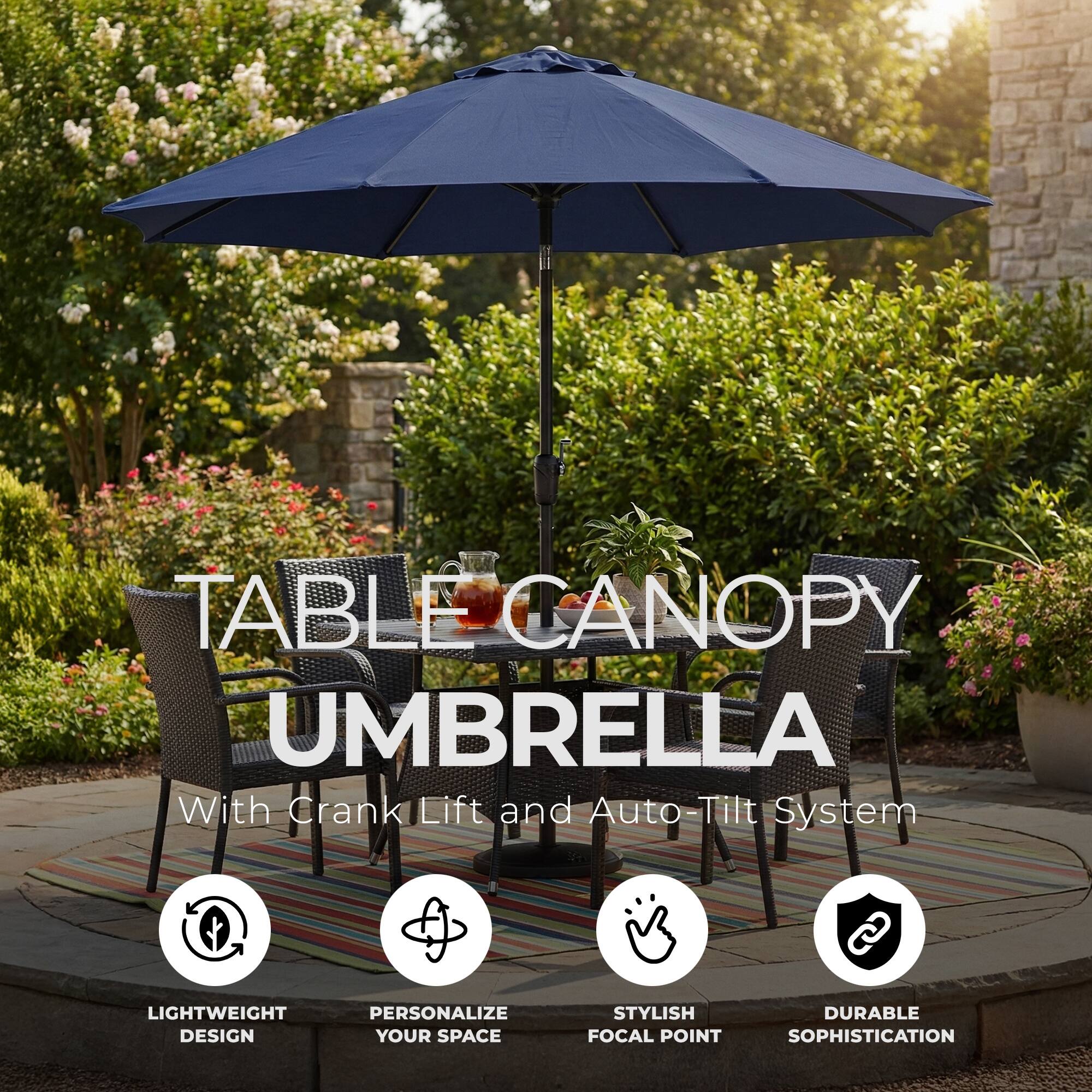 TABLE CANOPY UMBRELLA  
With Crank Lift and Auto-Tilt System  

LIGHTWEIGHT  
PERSONALIZE YOUR SPACE  
STYLISH FOCAL POINT  
DURABLE SOPHISTICATION