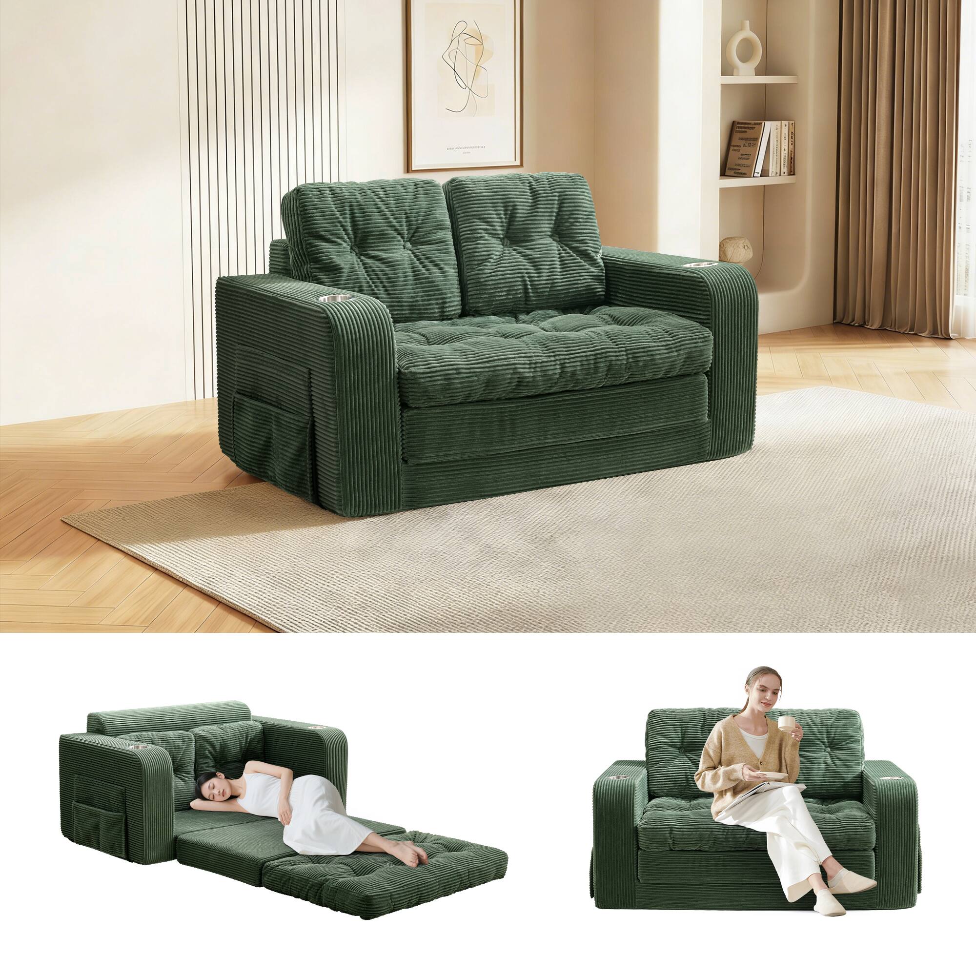 Alt View 6. KERDOM - 2 in 1 Small Convertible Loveseat Sofa Bed, Compact Folding Futon Sleeper with Cup Holder, Pull Out Couch for Guest Room - Green.