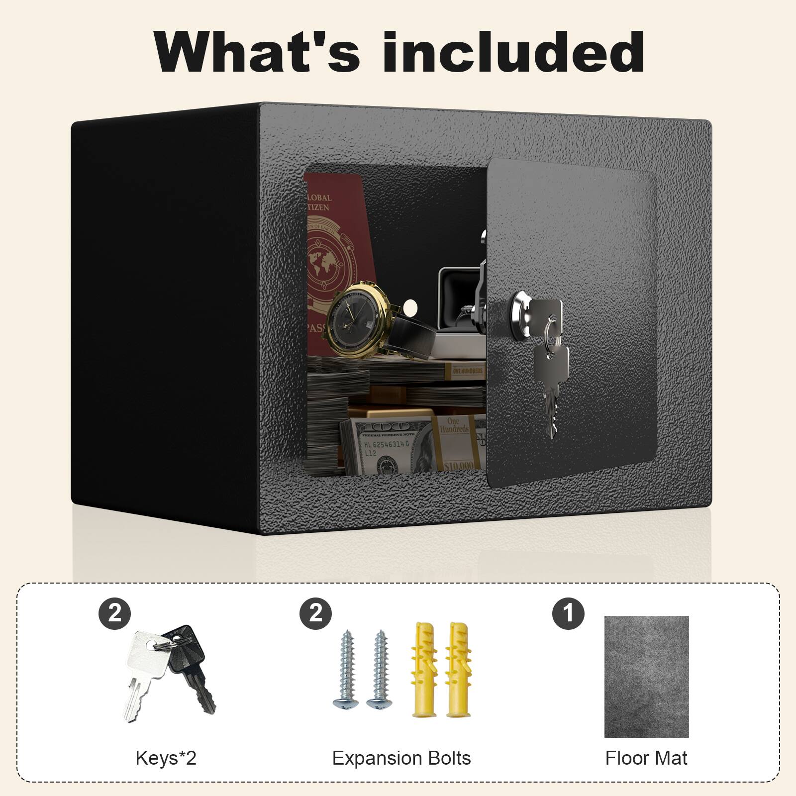 What's included

- Keys*2
- Expansion Bolts*2
- Floor Mat*1