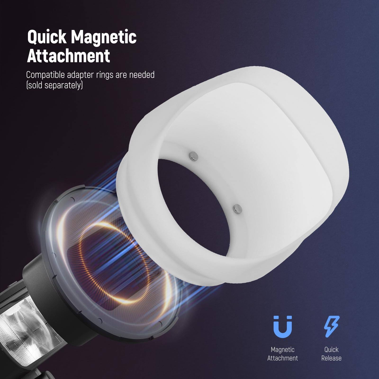 Quick Magnetic Attachment  
Compatible adapter rings are needed (sold separately)  

Magnetic Attachment  
Quick Release