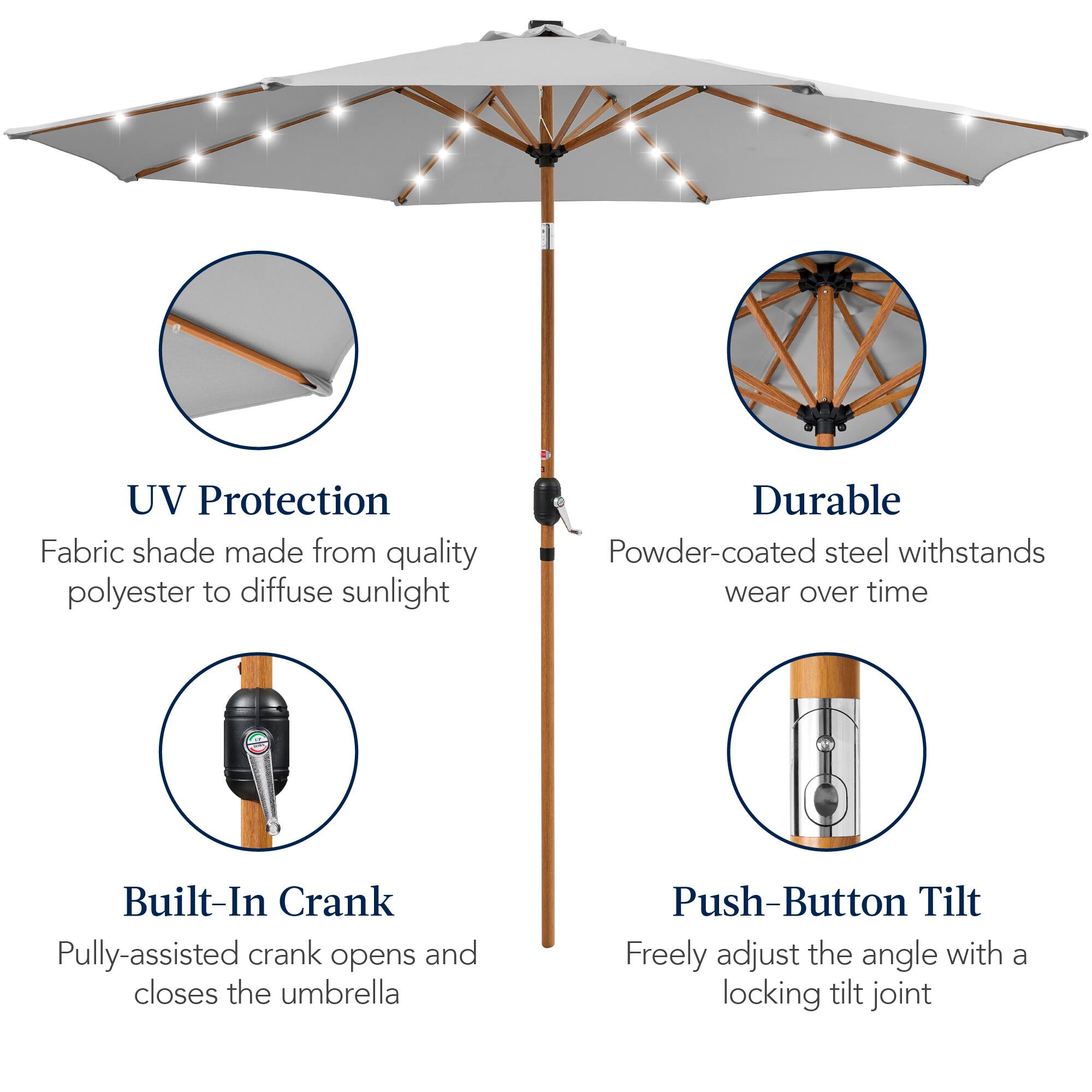 UV Protection: Fabric shade made from quality polyester to diffuse sunlight.

Durable: Powder-coated steel withstands wear over time.

Built-In Crank: Pulley-assisted crank opens and closes the umbrella.

Push-Button Tilt: Freely adjust the angle with a locking tilt joint.