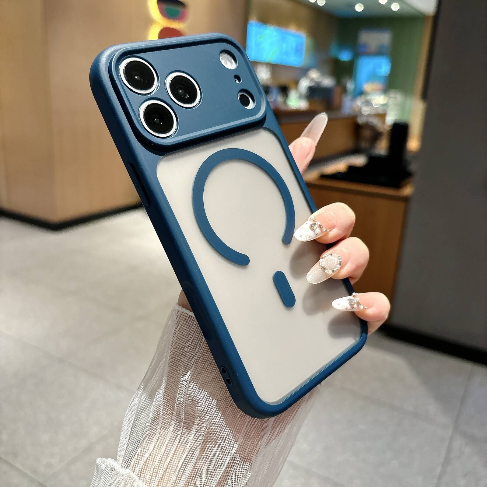 Angle. UUCOVER - Magnetic Translucent Matte Case for Apple iPhone 17 Pro Max, Compatible with MagSafe, Raised Edge Shockproof Slim Cover - Darkblue.
