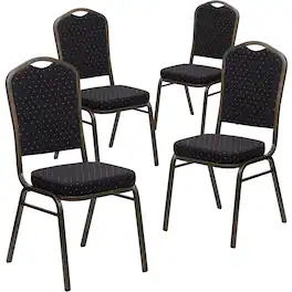 Emma + Oliver - 4 Pack Crown Back Stacking Banquet Chair - Black Patterned Fabric/Gold Vein Frame