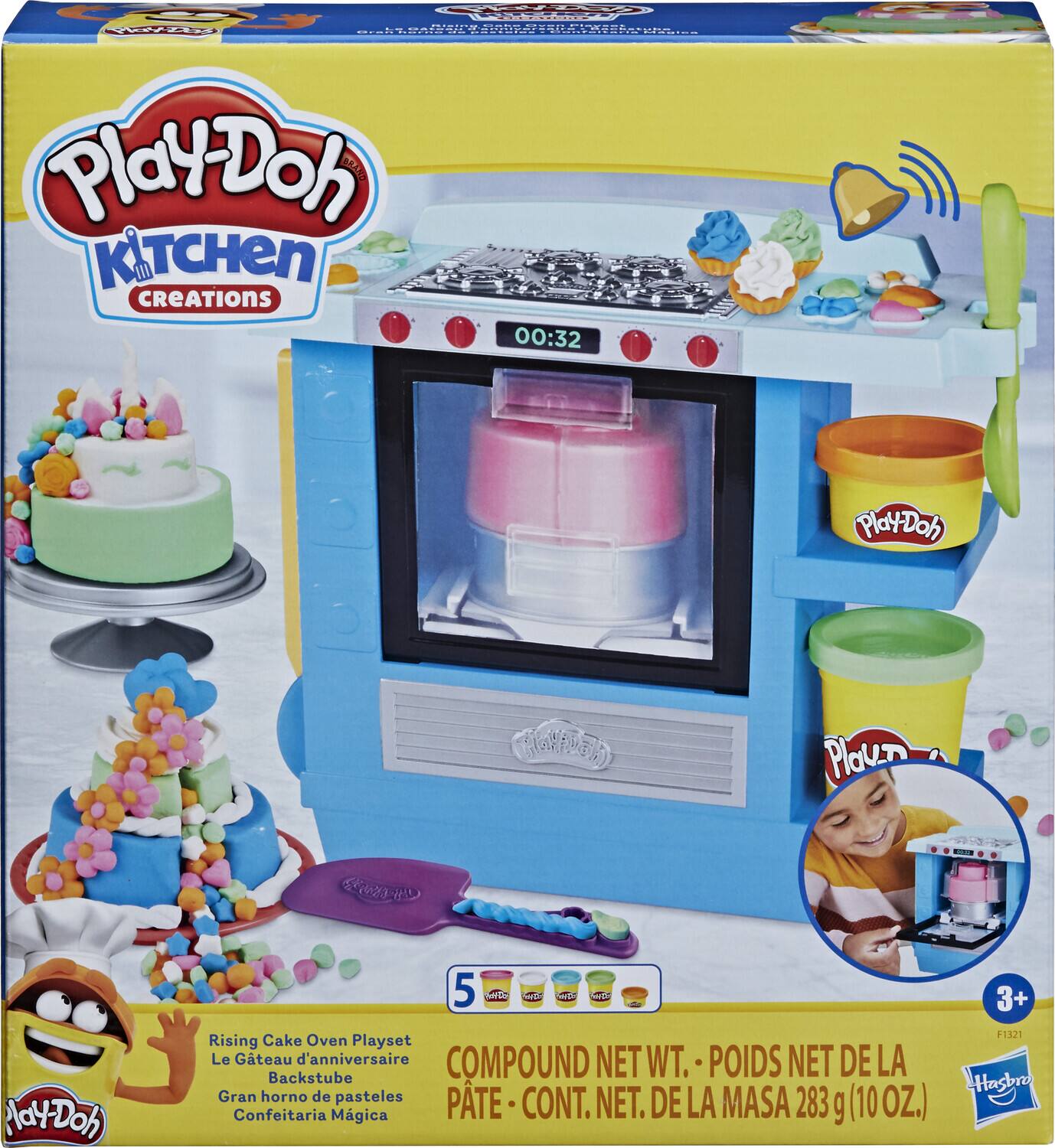 Play-Doh Kitchen Creations

Rising Cake Oven Playset  
Le Gâteau d'anniversaire Backstube Gran horno de pasteles Confeitaria Mágica

5  
Compound Net Wt. - Poids Net de la Pâte - Cont. Net. de la Masa 283 g (10 oz.)

3+  
F1321

Play-Doh