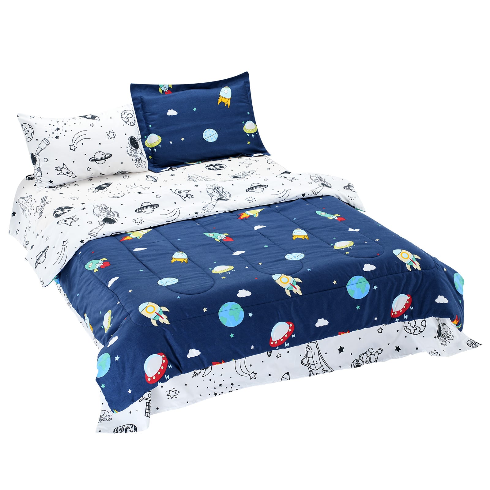 VEVOR - Kids Comforter Set, 5 Pieces, Twin Bedding Sets with 1 Comforter, 1 Flat Sheet, 1 Fitted Sheet, 2 Pillowcases - Deep Blue + White + Cartoon Space Elements Print