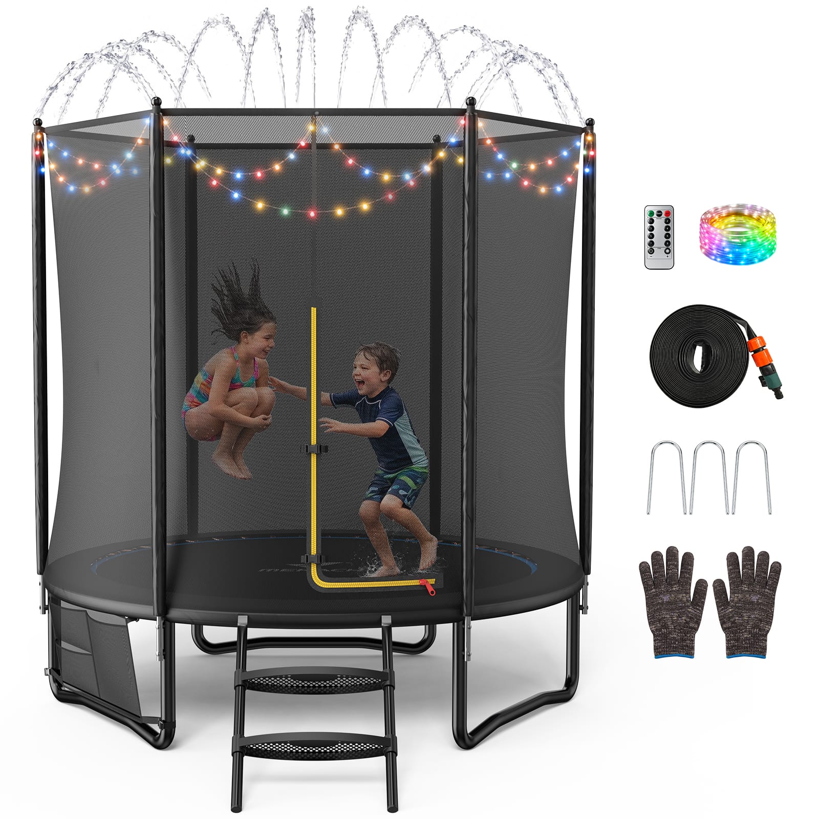 Front. MERACH - MERACH 8FT Trampoline with Safety Net, 330 lbs Capacity, Ladder, LED Lights & Water Spray Hose for Backyard Fun.