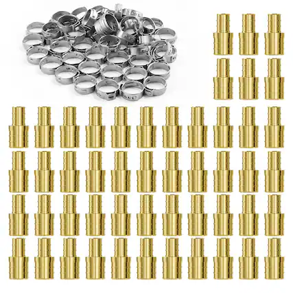 Front. VEVOR - Pipe Fittings, 1/2"-3/4" 50PCS Brass Pipe Fittings, Clamp-style 1/2 NPT Internal Thread Pipe Connector Brass Air - Brass color.