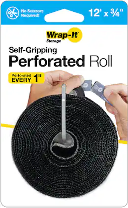 Wrap-It Storage - Self-Gripping Perforated 12-foot x 0.75-inch Hook & Loop Roll - Black