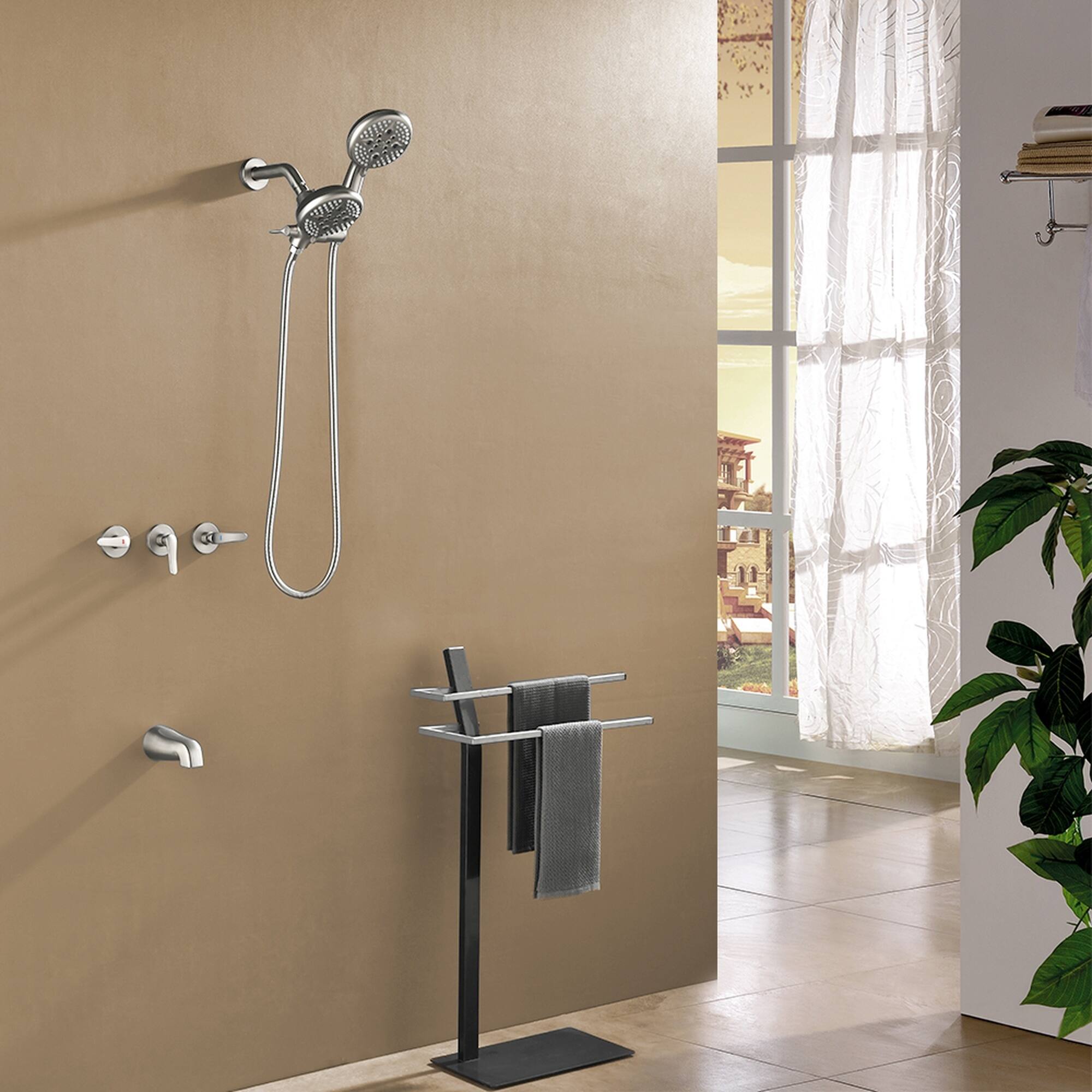 Alt View 2. Boyel Living - Brushed Nickel Three Handle Shower System Brass SUS304 5-Function Dual ABS Shower Heads 60-Inch Hose - Brushed Nickel.