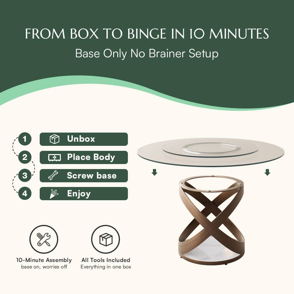 FROM BOX TO BINGE IN 10 MINUTES  
Base Only No Brainer Setup  

1. Unbox  
2. Place Body  
3. Screw base  
4. Enjoy  

10-Minute Assembly  
base on, worries off  

All Tools Included  
Everything in one box