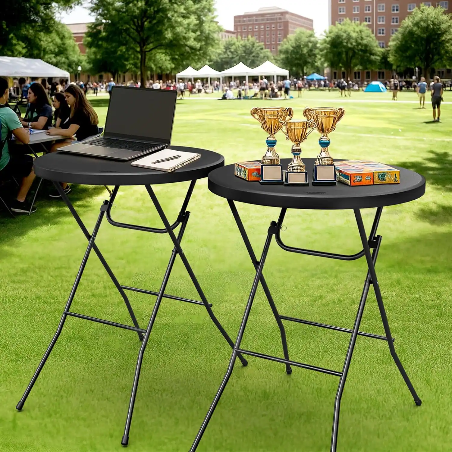 Alt View 4. Winado - 32in Round Folding Commercial Banquet Table Portable Plastic Coffee Card Dining Table for In/Outdoor Party Wedding Event - Black-41" H.