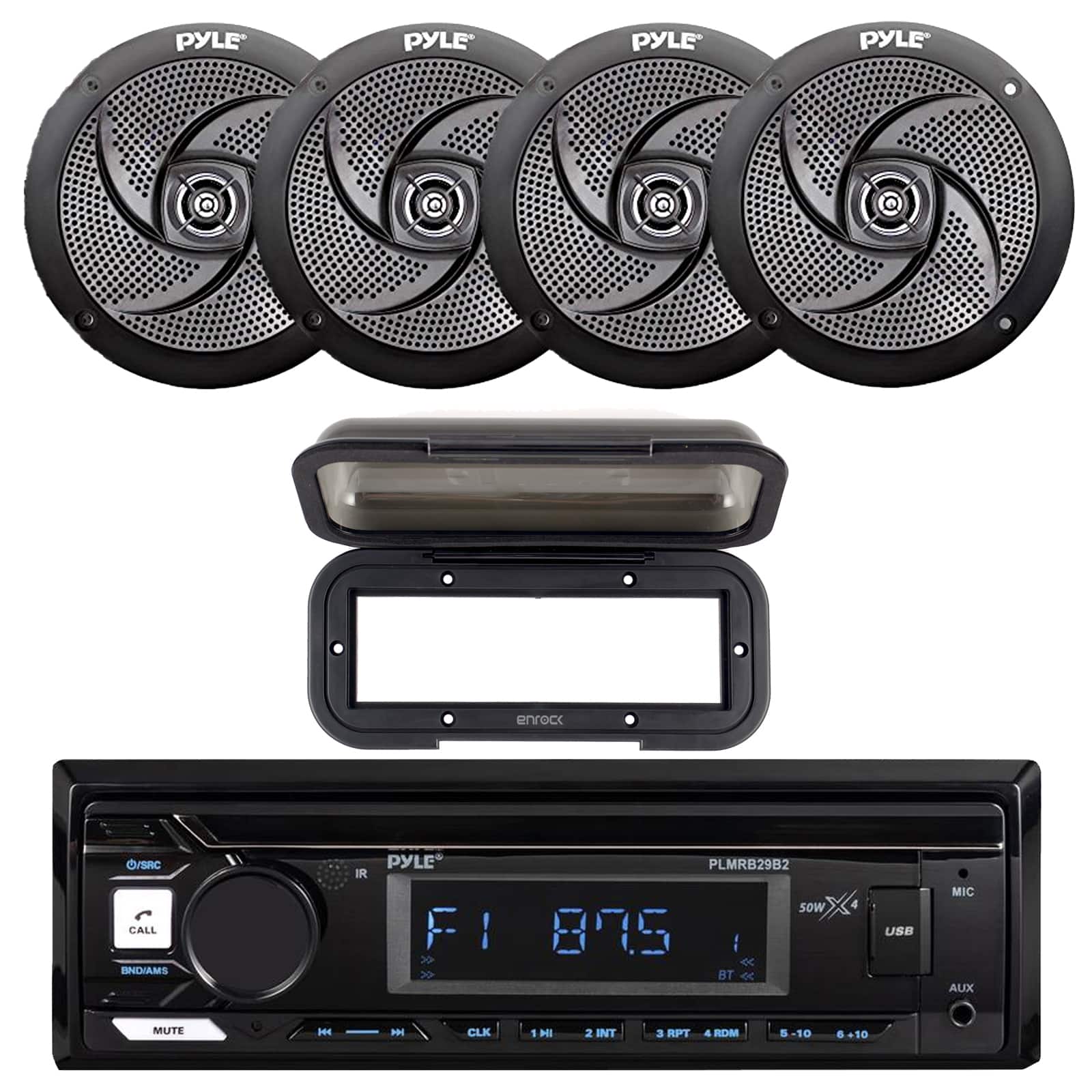 Pyle - Marine Bluetooth Stereo Receiver w/Cover, 4x 6'' 240 Watt Max Power Low Profile 2-Way Black Boat Speakers