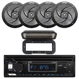 Pyle - Marine Bluetooth Stereo Receiver w/Cover, 4x 6'' 240 Watt Max Power Low Profile 2-Way Black Boat Speakers
