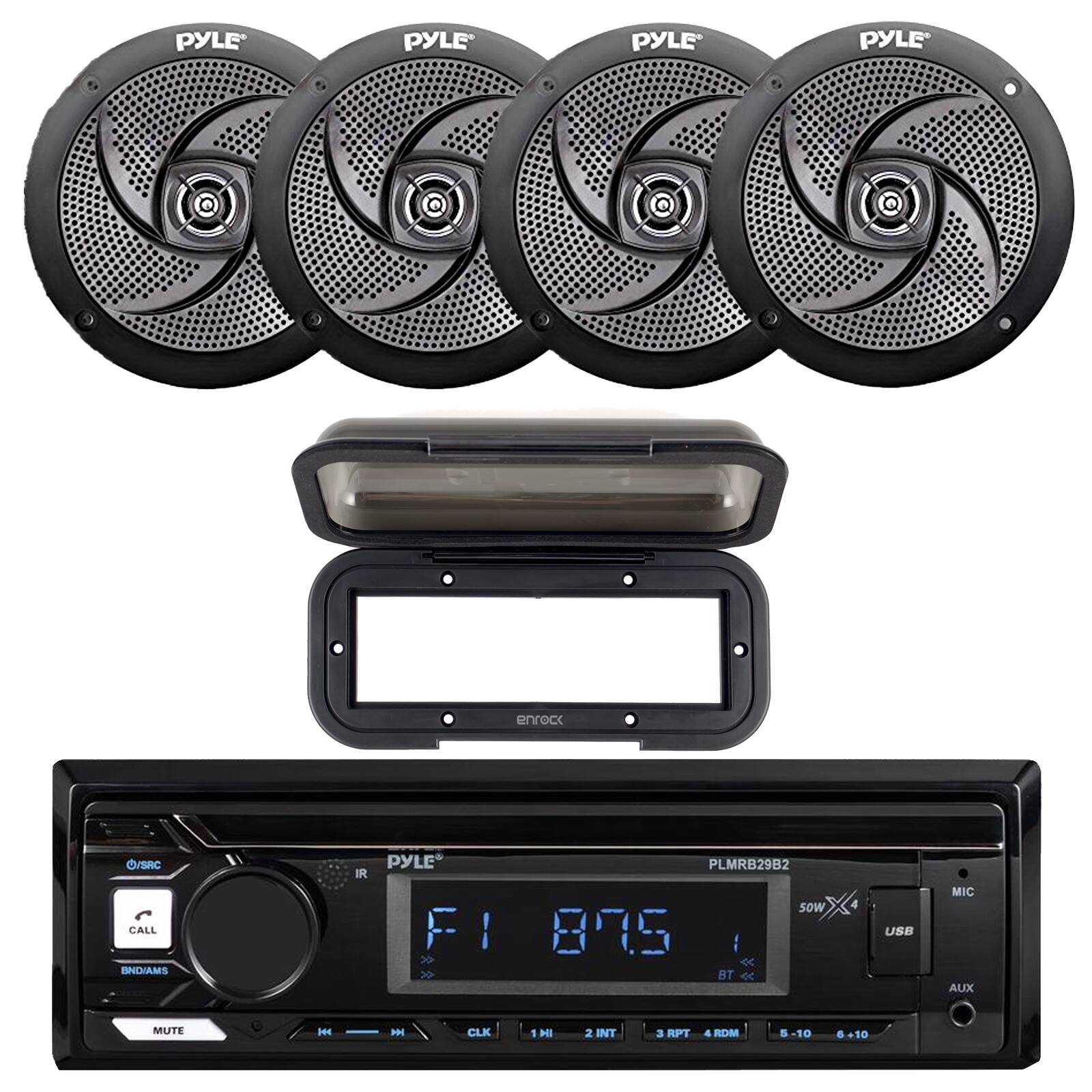 PYLE PYLE PYLE PYLE enrock O/SRC CALL SNDIAMS IR PYLE FI ! > > PLMRB29B2 sOW X 875  BT oe USE MIC AUX MUTE H - CLK 1 MI 2 INT a RPT 4 RDM S -10 +10